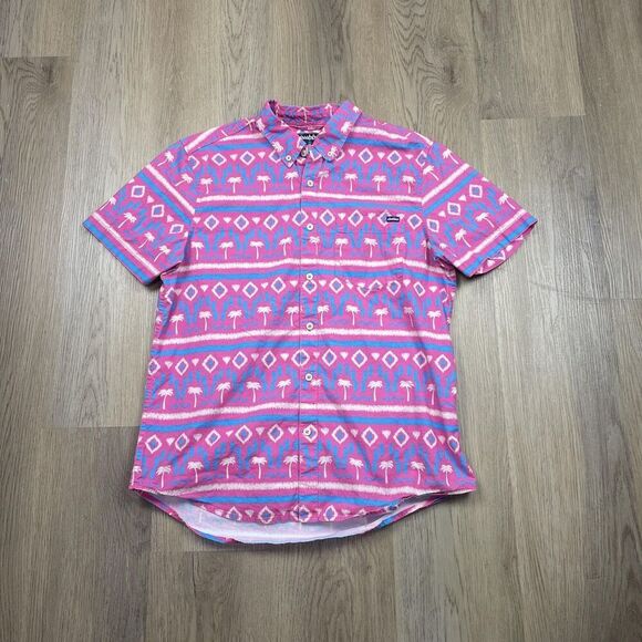 Chubbies Shirt Mens Medium Pink Blue Palm Tree Aztec Button Up Short Sleeve - Picture 1 of 7
